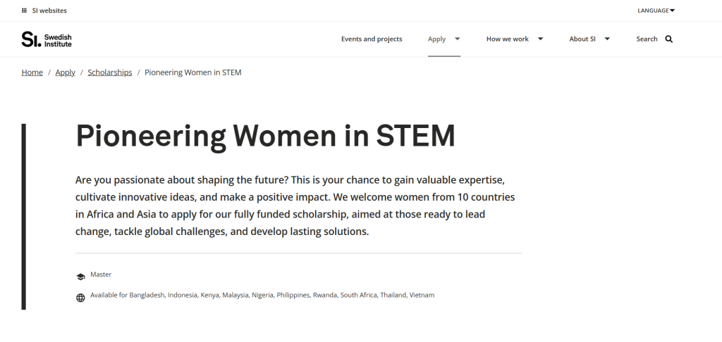 Swedish Institute Women in STEM Scholarship