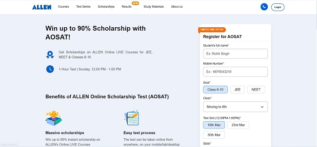 Allen Scholarship Online Test Official Website